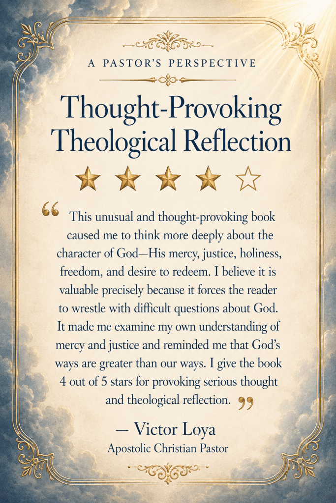 Four-star review by Victor Loya, an Apostolic Christian pastor, describing Lucifer in Heaven? as a thought-provoking theological reflection.
